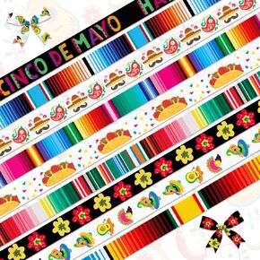 Hying 9 PCS Mexican Fiesta Ribbons, 3/8" Width Cinco de Mayo Grosgrain Ribbons Black Orange Ribbon Cactus Chili Fiesta Craft Ribbons for Gift Wrapping Mexican Party Birthday Carnival Decor Supplies