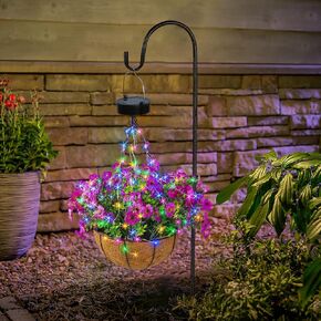 Solar Artificial Hanging Flower Basket: Fake Hanging Plant Basket with Solar Lights for Outdoor - 10 Inch Hanging Baskets with Faux Silk UV Sun Resistant Purple Flowers for Outside Porch Patio Garden