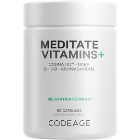 Codeage Meditate Vitamins Supplement - GABA, DHH-B, CognatiQ, Ashwagandha, Organic Mushrooms - Mind Vitamins Relaxation Calmness Support - Vegan - Non-GMO - 60 Capsules
