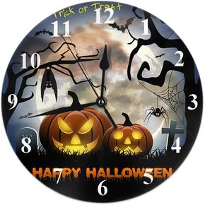HGOD DESIGNS Halloween Round Wall Clock,Spooky Card for Halloween with Pumpkinspider and Bats Moon Round Wall Clock Home & Garden Wall Decorative for Bedroom Office School Art(10")