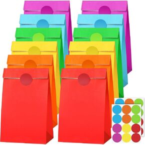 Cooraby 30 Pack Rainbow Gift Bags Candy Paper Bags with Stickers 5.1 x 3.1 x 9.4 Inches Snack Sweet Craft Bags for Birthday Wedding Party Anniversaries with 48 Stickers