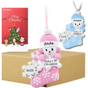 Baby's First Christmas Ornament 2023 Boy Girl Snowbaby in Stocking with Snowflake 1st Christmas Tree Ornament Personalized Resin Pink Baby First Pink