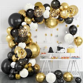 112PCS Glod and Black Confetti Balloons Explosion Star Foil Balloons 22 18 12 10 5 In Black White Metallic Gold Balloons for Birthday Baby Shower Wedding Party Supplies Decorations
