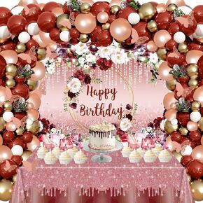 Yancan Floral Happy Birthday Decorations Women Birthday Party Supplies Including Flower Birthday Backdrop, Burgundy Rose Gold Balloons Garland Arch Kit, Tablecloth, Cupcake Toppers for Girls