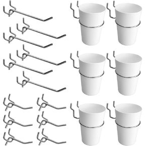 إكسسوارات أكواب خطاطيف Pegboard - 18 حزمة من Pegboard Display 2 & 4 بوصة بين قوسين مسطحين، أكواب معلقة صغيرة لـ 1/8 1/4 Peg Board - شماعات منظم الأدوات لحرف المرآب (6 أكواب ملونة و12 خطافًا) in Kuwait