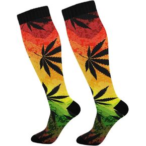 Compression Socks Women & Men, 2 Pairs Red Yellow Green Marijuana Leaves Long Socks for Gym Running Hiking Sport