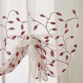 LeLehome Tie up Sheer Window Curtain Drapes 1 Panel, 63" Long Light Filtering Balloon Treatment Embroidery Linen Red Leaves Rod Pocket for Bedroom Home Decoration