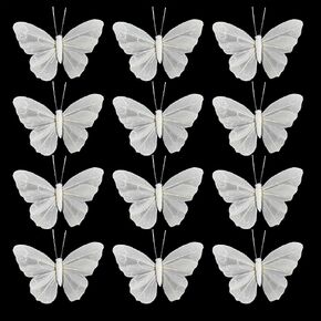 YCHTEWY- Feather Butterfly Decorations Set of 12 pcs White Craft Butterflies on Wire .Party Spring Home Decor Floral Pics