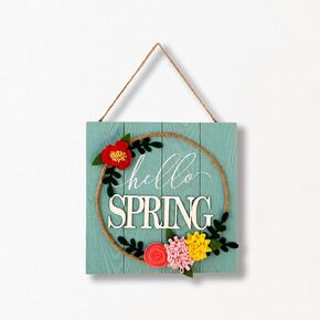 Spring Decor Farmhouse Wall Decorations for Living Room Wreath Fabric Floral Home Wall Decor Rustic Wood Sign Hanging Plaque Gift Indoor Outdoor Country Art 12" X 12" - Hello Spring