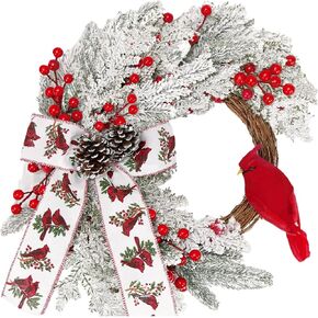 Christmas Wreaths,18 Inch Cardinal Decor Christmas Wreaths with Red Berries for Front Door,Artificial Snow Pine Cones Christmas Wreath for Indoor Outdoor Home Decor