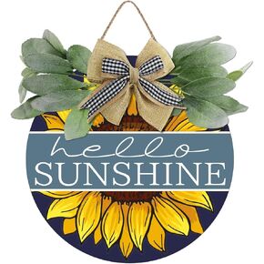 Round Sunflower Sunshine Front Door Porch Wall Decor Wreath Wood Hanging for Home Garden Cafe Restaurant Farmhouse Summer Spring Decor 12 Inch