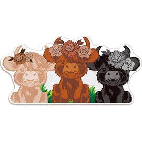Highland Cow Bathroom Rug Western Flower Cattle Cow Bath Mat Brown Gray Black Cute Animal Shaped Rug Scottish Fluffy Non Slip Absorbent Floor Mat Carpet for Kitchen Bedroom, 15.75 x 31.5 Inch