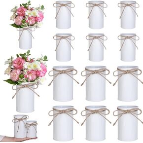 12 Pcs High Farmhouse Vase Decor 2 Sizes Metal Flower Vases White Iron Rustic Vases with Twine Small Vases Bulk Centerpieces Vases for Table Wedding Holidays Home Decoration Flower Arrangement