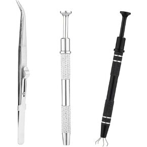 3pcs Jewelry Pickup Tools, Premium Aluminum Alloy Piercing Claw Tool with Stainless Steel Elbow Tweezers for Changing and Dissembling Jewelry Small Parts(Silver, Black)