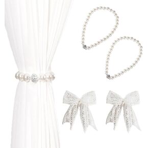 4 Pack Curtain Tiebacks Magnetic Beaded Pearl Tie Back Lace Bow Bowknot Curtain Ties Strap Holdback Rope for Home Decor Window Drapes Bedroom Living Room Drapries