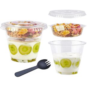 TOFLEN 12 oz Clear Plastic Yogurt Parfait Cups with Lids Disposable To Go Cereal Cups for Breakfast Snack Fruit, Veggies and Dips (50 Cups+Inserts+Sporks+Flat Lids)