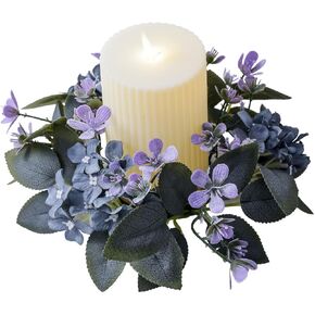 Purple Hydrangea Candle Rings Wreaths, Set of 2 Candle Rings Wreaths 3 Inch Center, Artificial Eucalyptus Leaves Wreath 10 Inch Small Boho Wreath Pillar Candleholders for Wedding Home Tabletop Decor