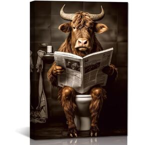 GLOKAKA Funny Cute Highland Cow Wall Art Humor Animal Bathroom Artwork Print for Living Room, Bathroom, Bedroom, Kids Bathroom Decor Ready to Hang (Cow 02, 12"x18")