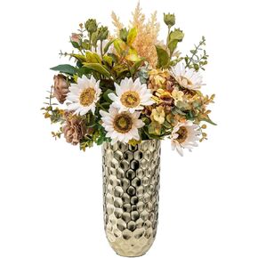 MyGift 10 Inch Tall Tabletop Vase, Modern Brass Tone Large Hammered Metal Flower Arrangement Vase Home Decor - Handcrafted in India