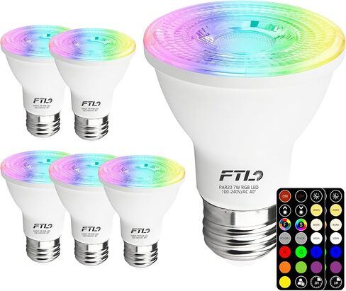 FTL PAR20 LED Bulbs RGB Color Changing Light Bulbs with Remote Control, Colored Bulbs 2700K-6000K 7W 60W Equivalent Dimmable, 30 Colors, Timer, Flood Light for Track Recessed Lighting, 6-Pack in Saudi Arabia