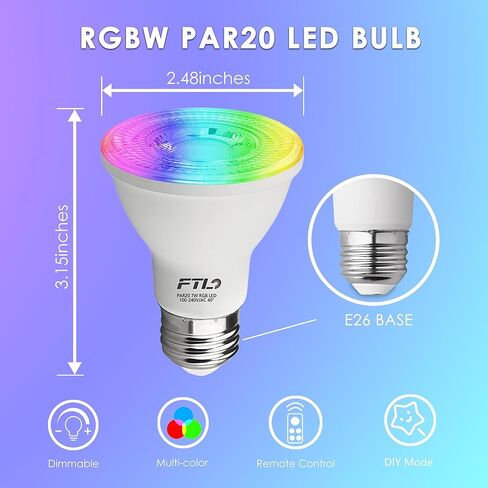FTL PAR20 LED Bulbs RGB Color Changing Light Bulbs with Remote Control, Colored Bulbs 2700K-6000K 7W 60W Equivalent Dimmable, 30 Colors, Timer, Flood Light for Track Recessed Lighting, 6-Pack in Saudi Arabia
