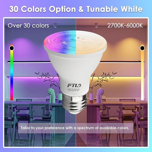 FTL PAR20 LED Bulbs RGB Color Changing Light Bulbs with Remote Control, Colored Bulbs 2700K-6000K 7W 60W Equivalent Dimmable, 30 Colors, Timer, Flood Light for Track Recessed Lighting, 6-Pack in Saudi Arabia