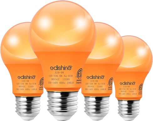 EDISHINE Orange Light Bulbs, A19 9W(60W Equivalent) Orange LED Bulbs, E26 Base LED Orange Colored Light Bulb for Christmas Decorations, Halloween, Front Porch, 4 Pack, ETL Listed in Saudi Arabia