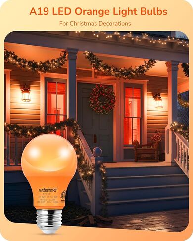 EDISHINE Orange Light Bulbs, A19 9W(60W Equivalent) Orange LED Bulbs, E26 Base LED Orange Colored Light Bulb for Christmas Decorations, Halloween, Front Porch, 4 Pack, ETL Listed in Saudi Arabia