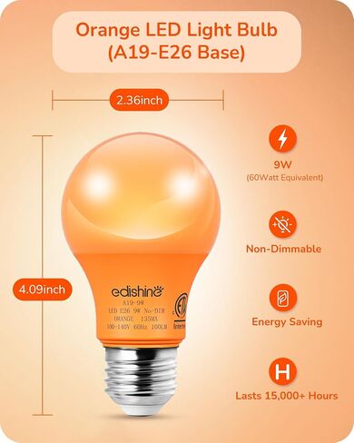 EDISHINE Orange Light Bulbs, A19 9W(60W Equivalent) Orange LED Bulbs, E26 Base LED Orange Colored Light Bulb for Christmas Decorations, Halloween, Front Porch, 4 Pack, ETL Listed in Saudi Arabia