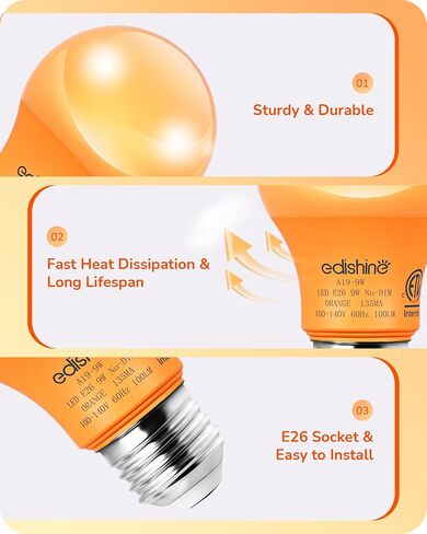 EDISHINE Orange Light Bulbs, A19 9W(60W Equivalent) Orange LED Bulbs, E26 Base LED Orange Colored Light Bulb for Christmas Decorations, Halloween, Front Porch, 4 Pack, ETL Listed in Saudi Arabia