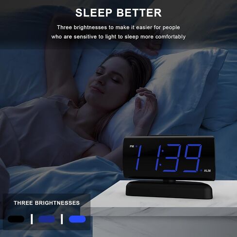 ساعة منبه رقمية LED للمنزل لغرفة النوم، قاعدة دوارة، تعمل بمنفذ الطاقة، تشغيل بسيط، منبه، قيلولة بعد الظهر، باهتة السطوع، شاشة عرض رقمية زرقاء كبيرة (أزرق) in Kuwait