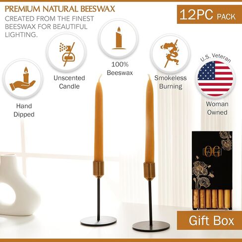 12 Dripless 8" Long Beeswax Taper Candles, 100% Natural Beeswax Taper Candles, Smokeless Tall Candlesticks, Decorative Long Burning Time, Drip Free Beeswax Candle Sticks for Home, Wedding, Dinner, etc in Saudi Arabia
