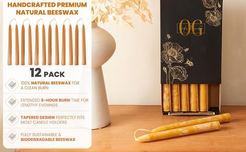 12 Dripless 8" Long Beeswax Taper Candles, 100% Natural Beeswax Taper Candles, Smokeless Tall Candlesticks, Decorative Long Burning Time, Drip Free Beeswax Candle Sticks for Home, Wedding, Dinner, etc in Saudi Arabia