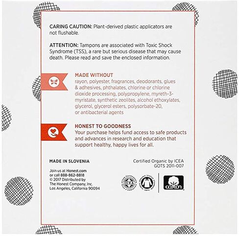 سدادات قطنية عضوية من شركة Honest Company مزودة بأداة تطبيق مضغوطة نباتية | سوبر | لا يسبب الحساسية وجيد التهوية | قطن عضوي معتمد من GOTS | منتجات النظافة النسائية | 16 عدد in Kuwait