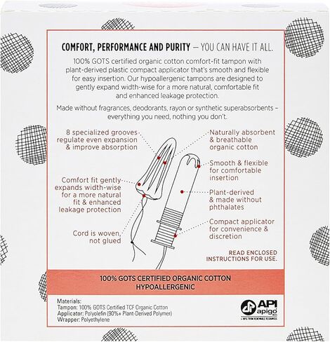 سدادات قطنية عضوية من شركة Honest Company مزودة بأداة تطبيق مضغوطة نباتية | سوبر | لا يسبب الحساسية وجيد التهوية | قطن عضوي معتمد من GOTS | منتجات النظافة النسائية | 16 عدد in Kuwait