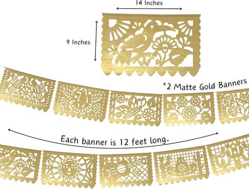 Gold Papel Picado Banner - Matte Gold Papel PicadoTissue Paper Banner for fiestas, weddings, bridal shower, engagement, baby shower, birthdays 2 pack/12ft long each)/ Not plastic in Kuwait