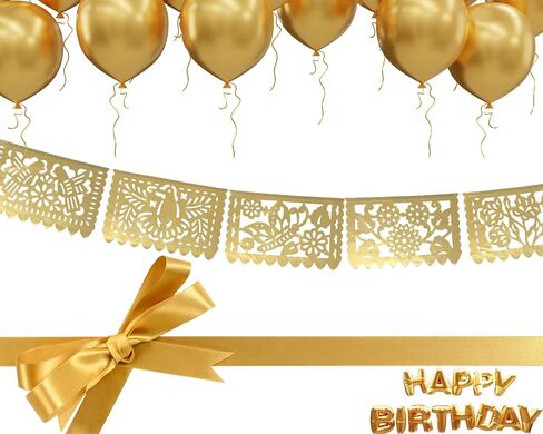Gold Papel Picado Banner - Matte Gold Papel PicadoTissue Paper Banner for fiestas, weddings, bridal shower, engagement, baby shower, birthdays 2 pack/12ft long each)/ Not plastic in Kuwait