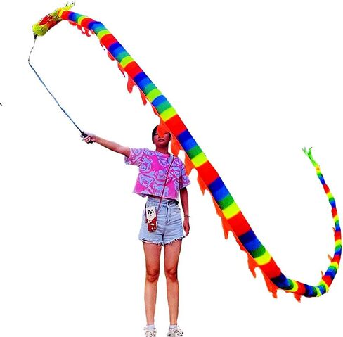 DSJUGGLING 3D Colorful Dragon Silk Flowy Spinning & Shaking Poi - Flinging The Dragon Spiral Practice Ribbon Streamer with Fiberglass Handsticks + Travel Bag! (2 Meters (6.5 FT), Rainbow Color) in Kuwait