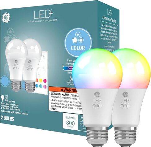 مصابيح إضاءة GE LED+ متغيرة الألوان مع جهاز تحكم عن بعد، 9.5 وات، لا يتطلب تطبيق أو شبكة Wi-Fi، A19، CAC (عبوتان) in Saudi Arabia