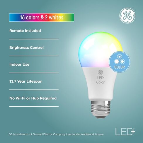 مصابيح إضاءة GE LED+ متغيرة الألوان مع جهاز تحكم عن بعد، 9.5 وات، لا يتطلب تطبيق أو شبكة Wi-Fi، A19، CAC (عبوتان) in Saudi Arabia