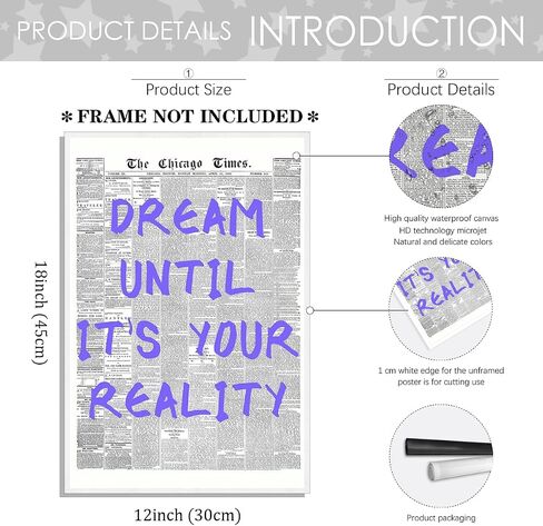 Retro Newspaper Posters Room Aesthetic Light Blue Preppy Canvas Wall Art Trendy Art Affirmation Quote Dream Until It's Your Reality Apartment Bedroom Decor 12x18inch Unframed in Saudi Arabia