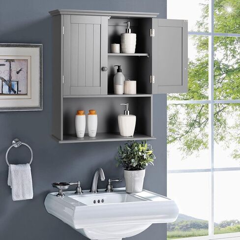 Tangkula Wall Mount Bathroom Cabinet Wooden Medicine Cabinet Storage Organizer with 2-Doors and 1-Shelf Cottage Collection Wall Cabinet (White) in Saudi Arabia