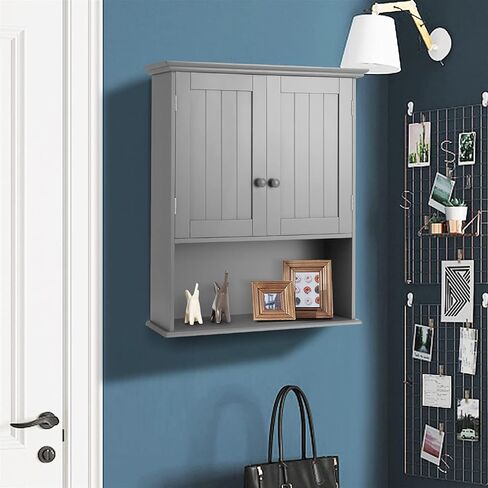 Tangkula Wall Mount Bathroom Cabinet Wooden Medicine Cabinet Storage Organizer with 2-Doors and 1-Shelf Cottage Collection Wall Cabinet (White) in Saudi Arabia