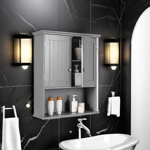 Tangkula Wall Mount Bathroom Cabinet Wooden Medicine Cabinet Storage Organizer with 2-Doors and 1-Shelf Cottage Collection Wall Cabinet (White) in Saudi Arabia