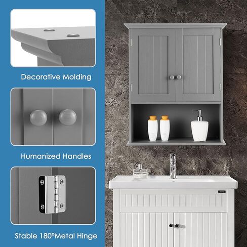 Tangkula Wall Mount Bathroom Cabinet Wooden Medicine Cabinet Storage Organizer with 2-Doors and 1-Shelf Cottage Collection Wall Cabinet (White) in Saudi Arabia