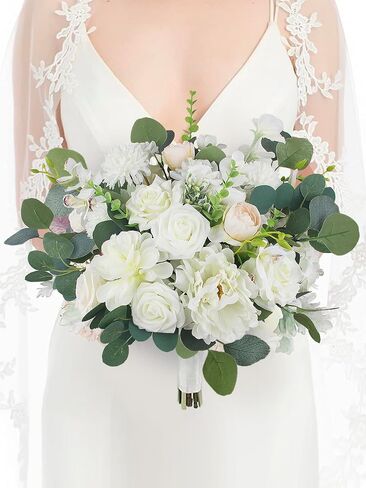 Rinlong 16.5 Inch Wedding Bouquets for Bride White Sage Green Bridal Bouquet for Wedding Artificial Flowers Real Touch Silk Bouquet Wedding Ceremony in Saudi Arabia