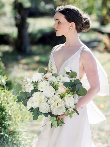 Rinlong 16.5 Inch Wedding Bouquets for Bride White Sage Green Bridal Bouquet for Wedding Artificial Flowers Real Touch Silk Bouquet Wedding Ceremony in Saudi Arabia