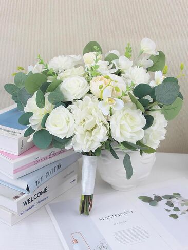 Rinlong 16.5 Inch Wedding Bouquets for Bride White Sage Green Bridal Bouquet for Wedding Artificial Flowers Real Touch Silk Bouquet Wedding Ceremony in Saudi Arabia