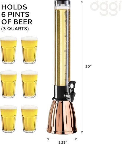 OGGI Beer Tower 3L/100oz - Beverage Dispenser with Spigot & Ice Tube, Margarita Tower, Mimosa Tower, Perfect Drink Dispensers for Parties, Drink Tower, Holds 6 Pints of Beer – Stainless in Saudi Arabia