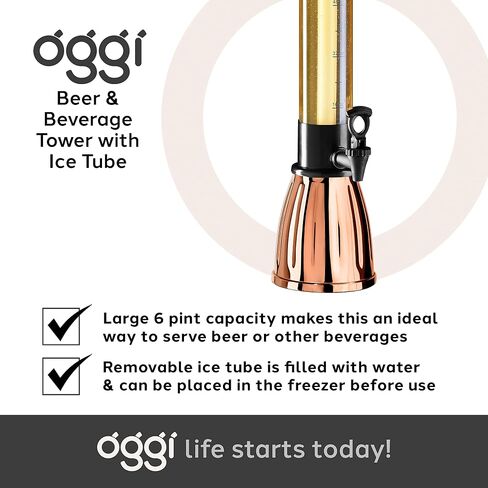 OGGI Beer Tower 3L/100oz - Beverage Dispenser with Spigot & Ice Tube, Margarita Tower, Mimosa Tower, Perfect Drink Dispensers for Parties, Drink Tower, Holds 6 Pints of Beer – Stainless in Saudi Arabia